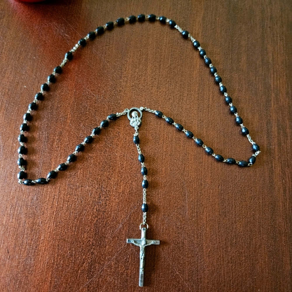 Black Beaded Rosary Catholic Prayer Meditation Men Women Children